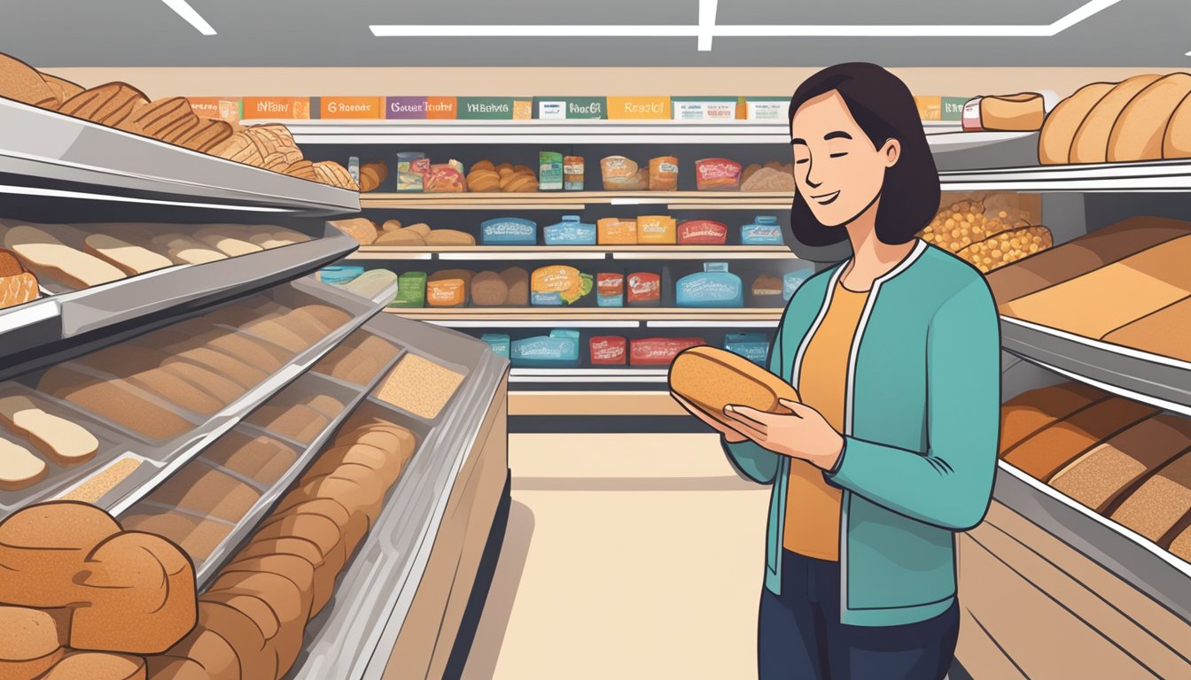 A person with diabetes standing in a grocery store aisle, comparing different types of multigrain bread