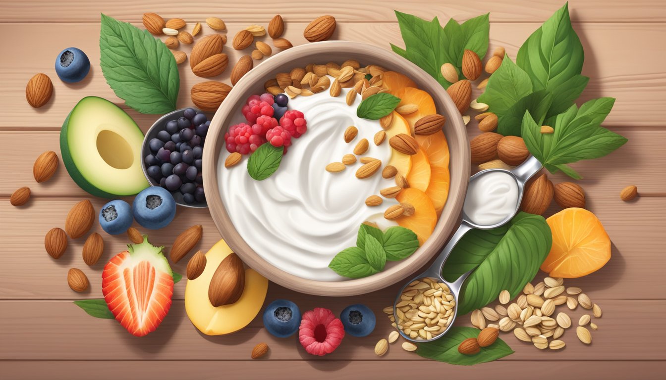 A bowl of plant-based yogurt surrounded by colorful, healthy add-ins like nuts, seeds, and berries on a wooden table