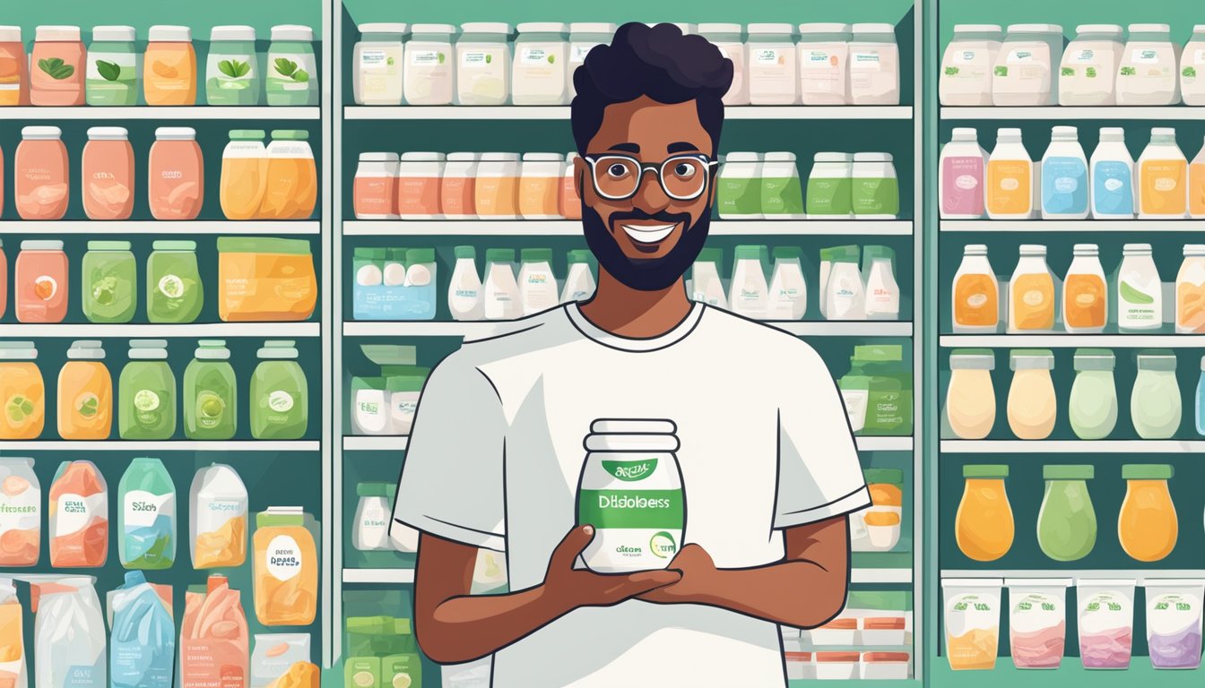 A person with diabetes holding a plant-based yogurt next to various brand options, considering consumer recommendations