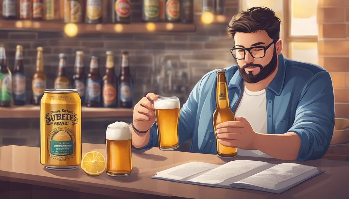 A person with diabetes holding a non-alcoholic beer while reading a label for sugar content