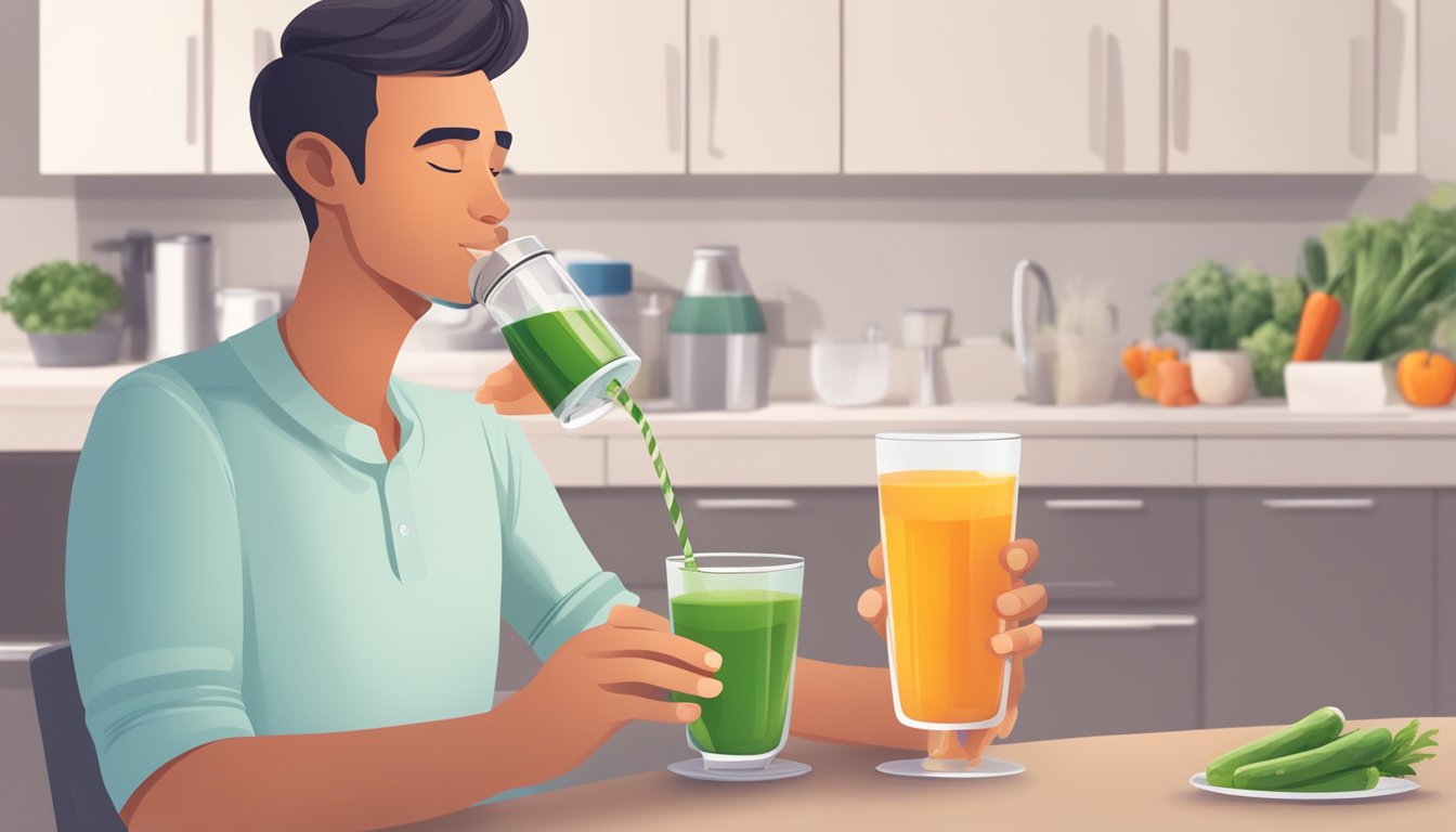 A person drinking low sugar vegetable juice blend while following safe practices and recommendations for diabetics