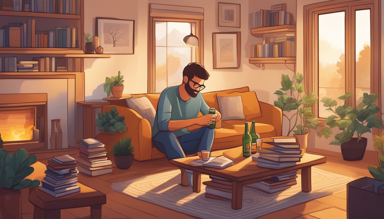 A person with diabetes enjoying a non-alcoholic beer in a cozy living room, surrounded by books and a warm, inviting atmosphere