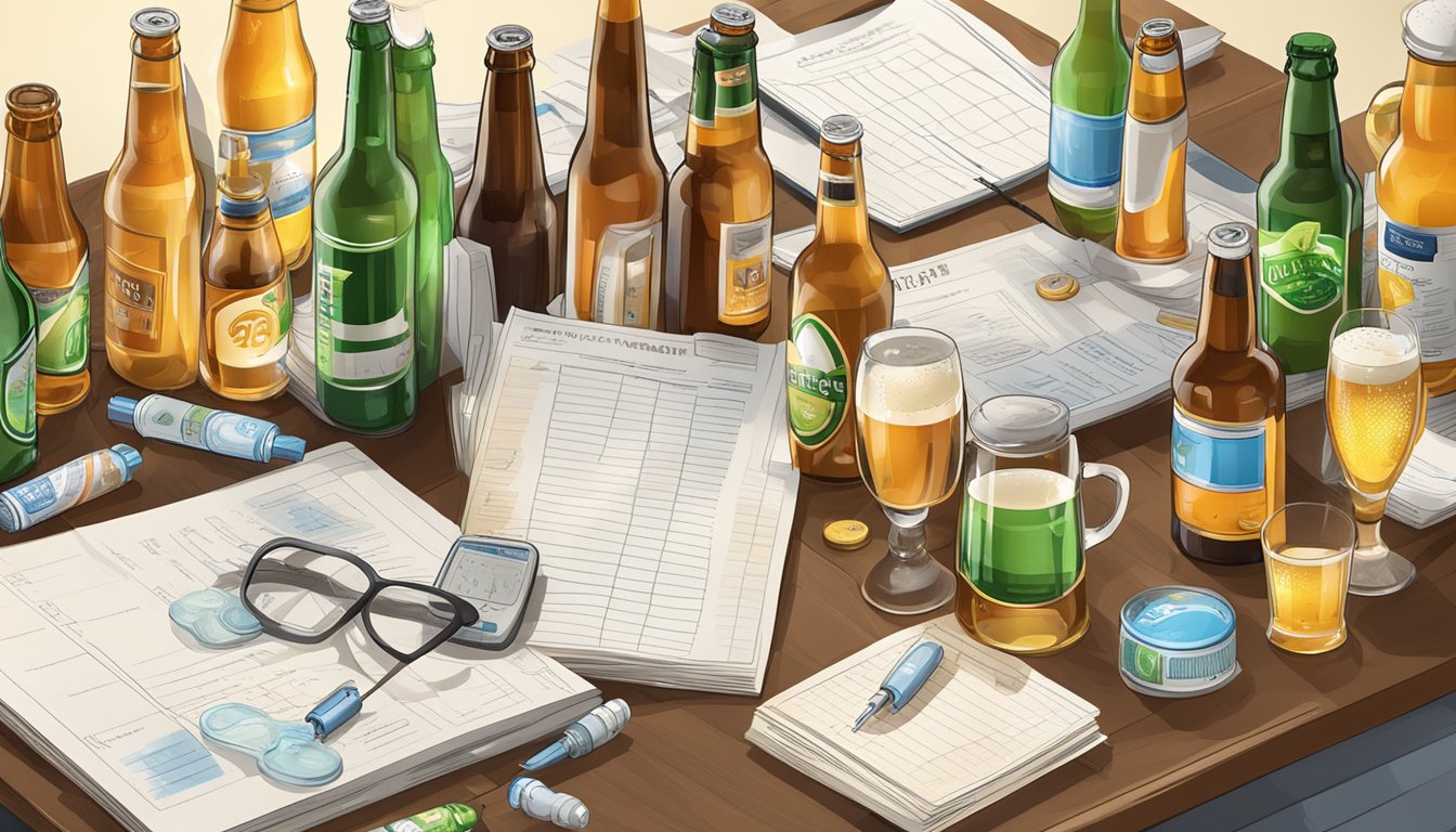 A table with a variety of non-alcoholic beer bottles, surrounded by research papers and a glucose monitor