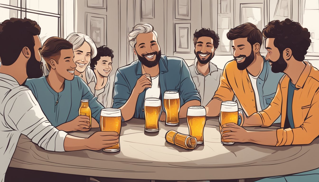 A group of friends at a casual gathering, one person holding a non-alcoholic beer while chatting with others