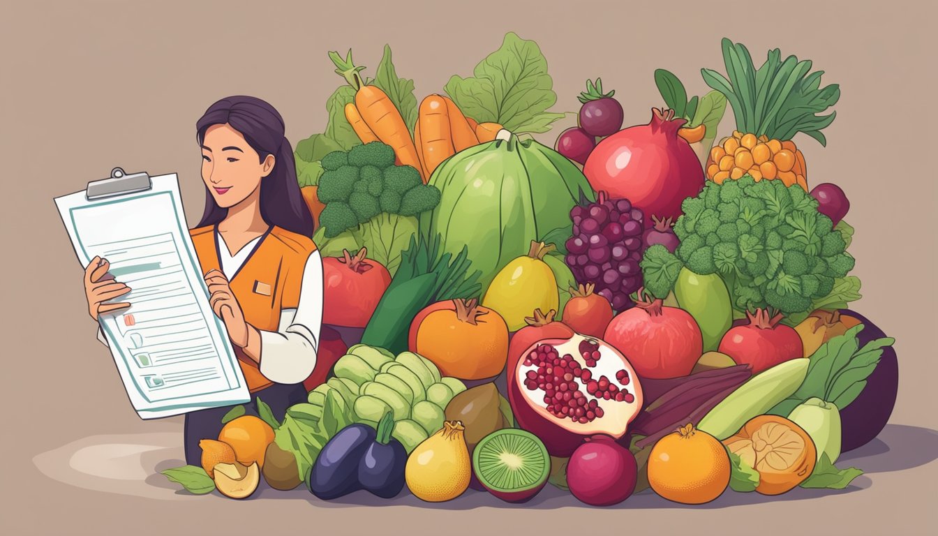 A dietician holding a pomegranate, surrounded by various fruits and vegetables, with a medical chart in the background