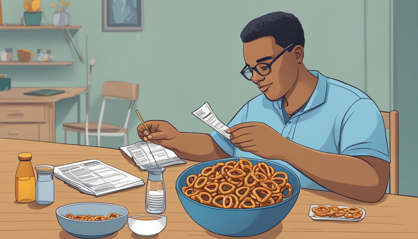 A person with diabetes sits at a table with a bowl of pretzels, a nutrition label, and a measuring cup. They are reading the label and measuring out a portion of pretzels