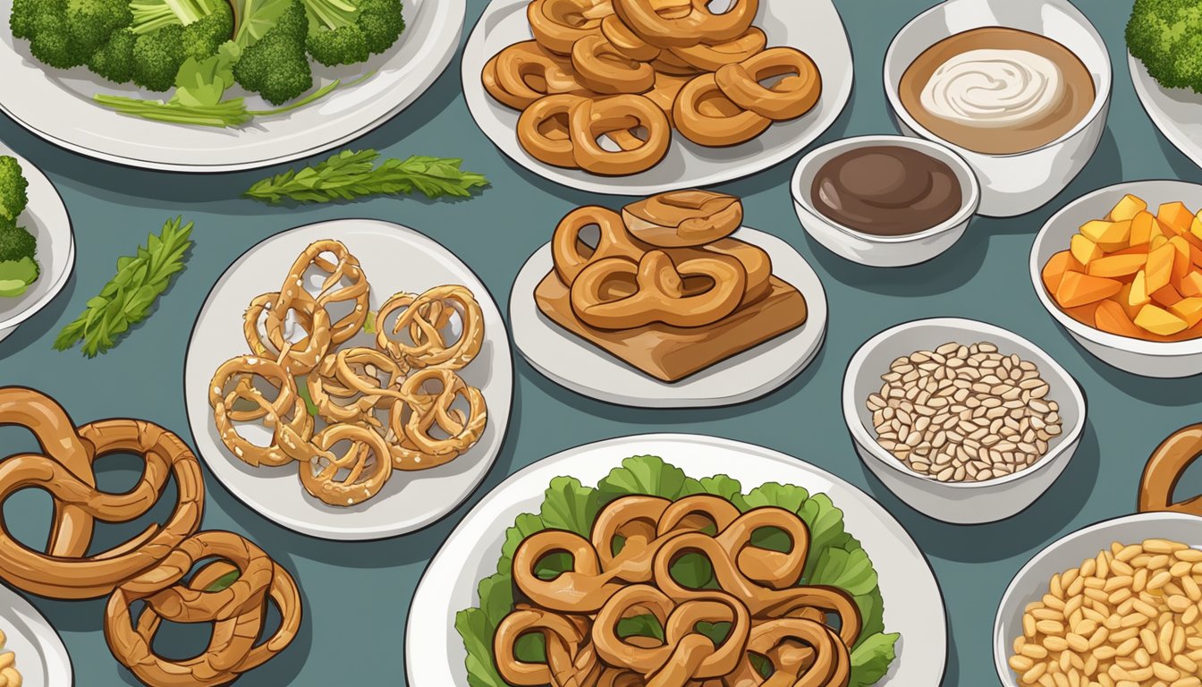 A plate with a variety of pretzels, alongside a balanced meal of lean protein, vegetables, and whole grains