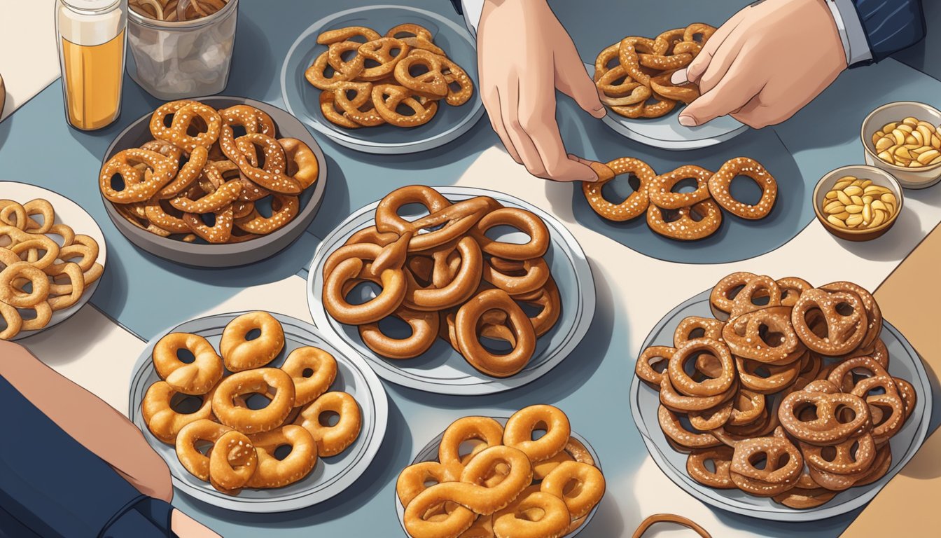 A person with diabetes carefully selects a handful of pretzels from a variety of healthy snack options on the table