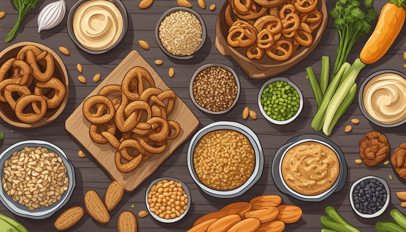 A variety of whole grain pretzels, nuts, and seeds are laid out on a wooden cutting board, alongside a bowl of hummus and fresh vegetables