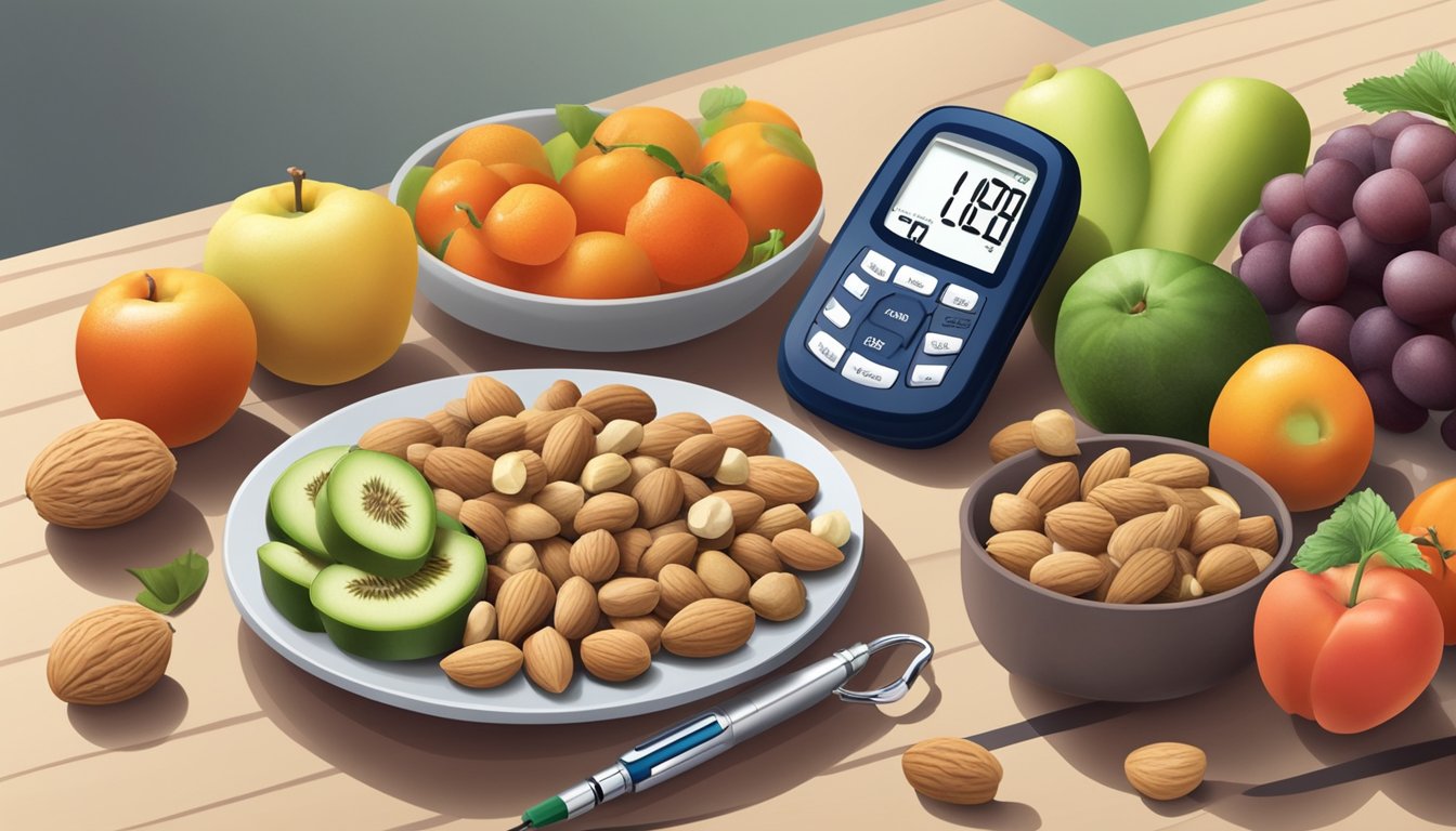 A variety of nuts arranged next to a plate of fruits and vegetables, with a glucose meter and insulin pen nearby