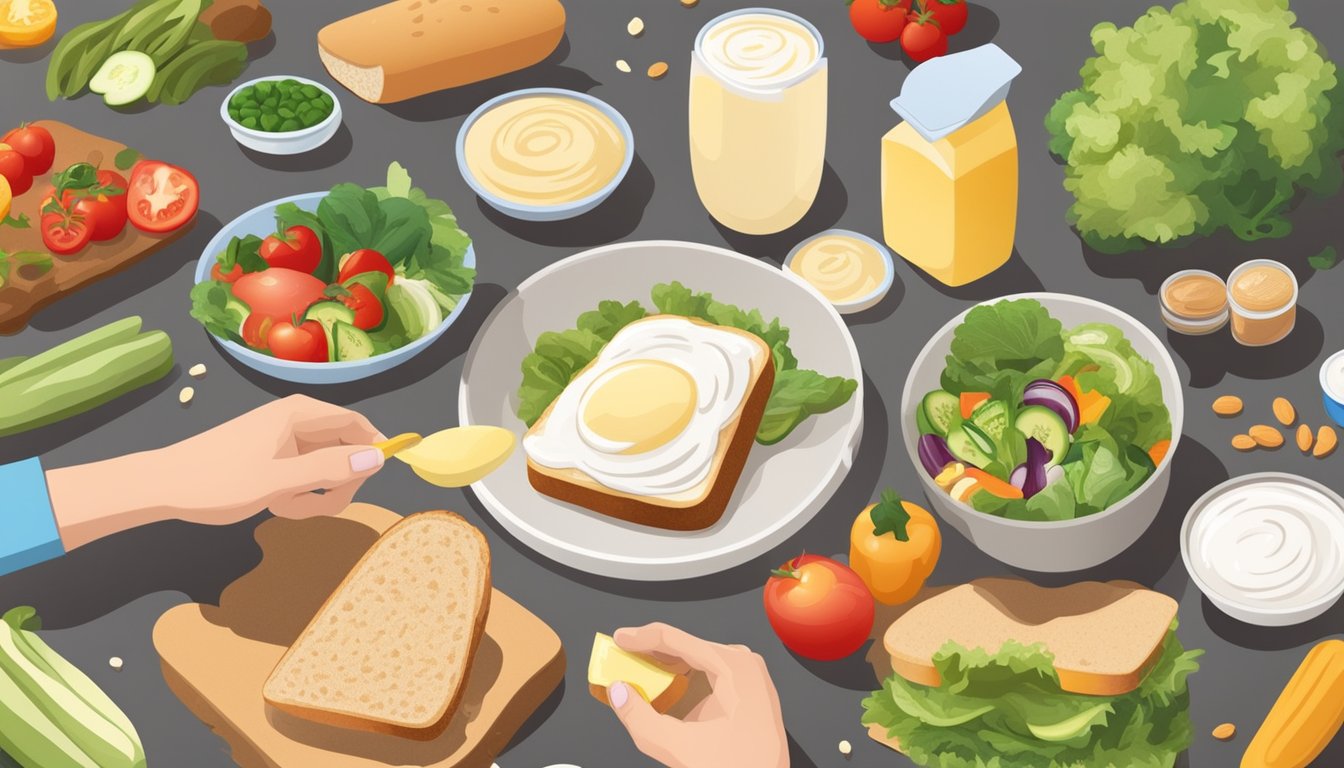 A diabetic person spreading mayonnaise on a sandwich, surrounded by various healthy food options like vegetables, fruits, and whole grains