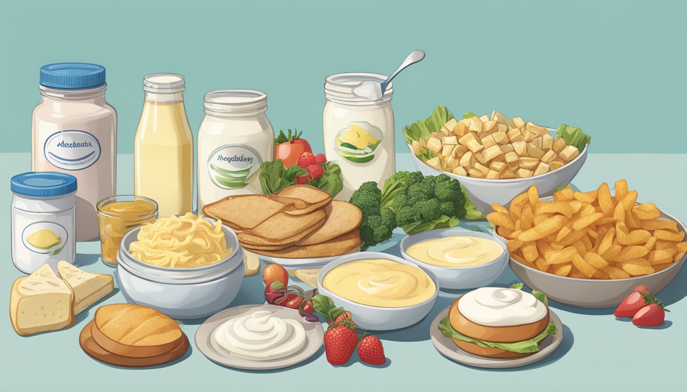 A spread of various foods, including mayonnaise, with a diabetes awareness ribbon in the background