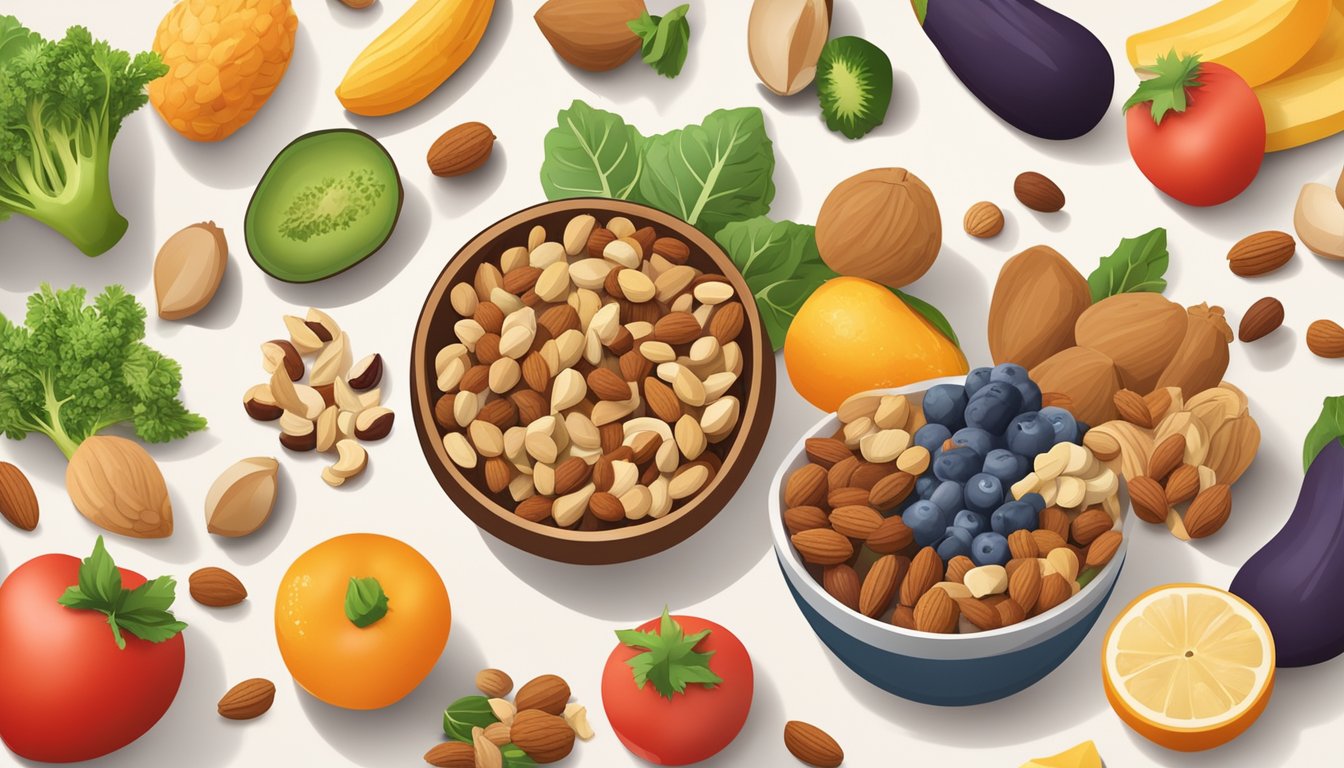 A variety of nuts scattered around a bowl, surrounded by fresh fruits and vegetables, with a measuring tape and a heart rate monitor in the background