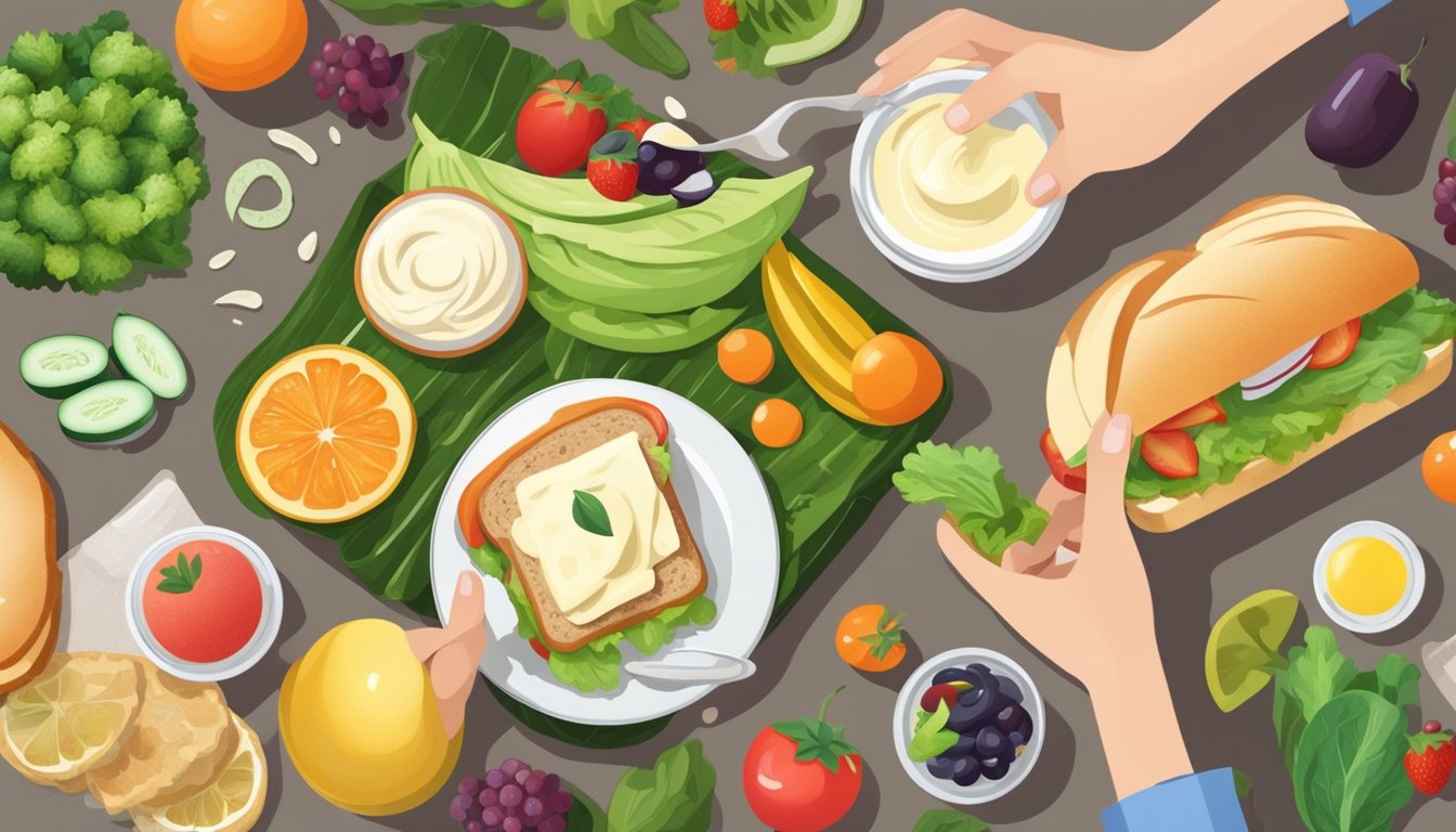 A diabetic person spreading mayonnaise on a sandwich, surrounded by healthy food options like fruits and vegetables