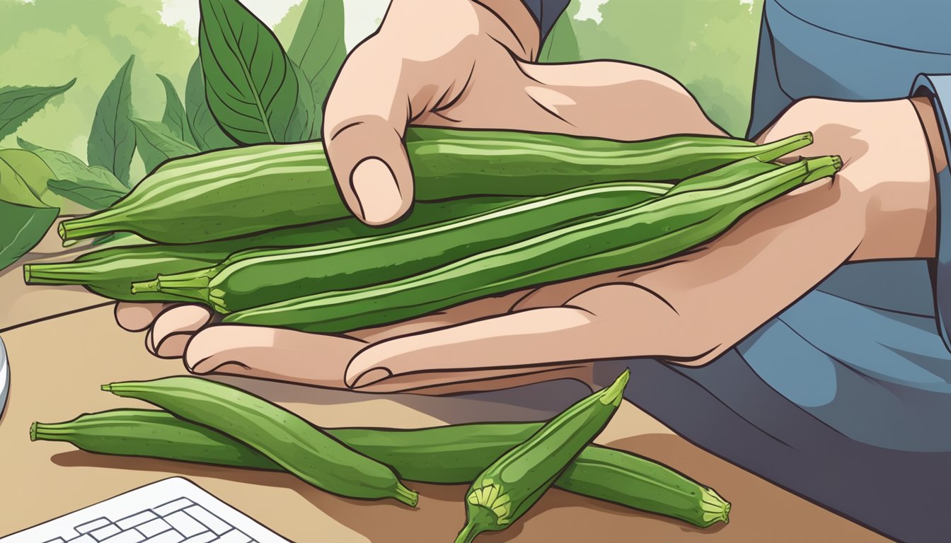 A person with diabetes holding a fresh okra and researching its health benefits