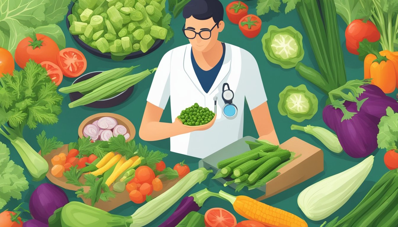 A person with diabetes eating okra, surrounded by a variety of fresh vegetables and a medical professional providing guidance