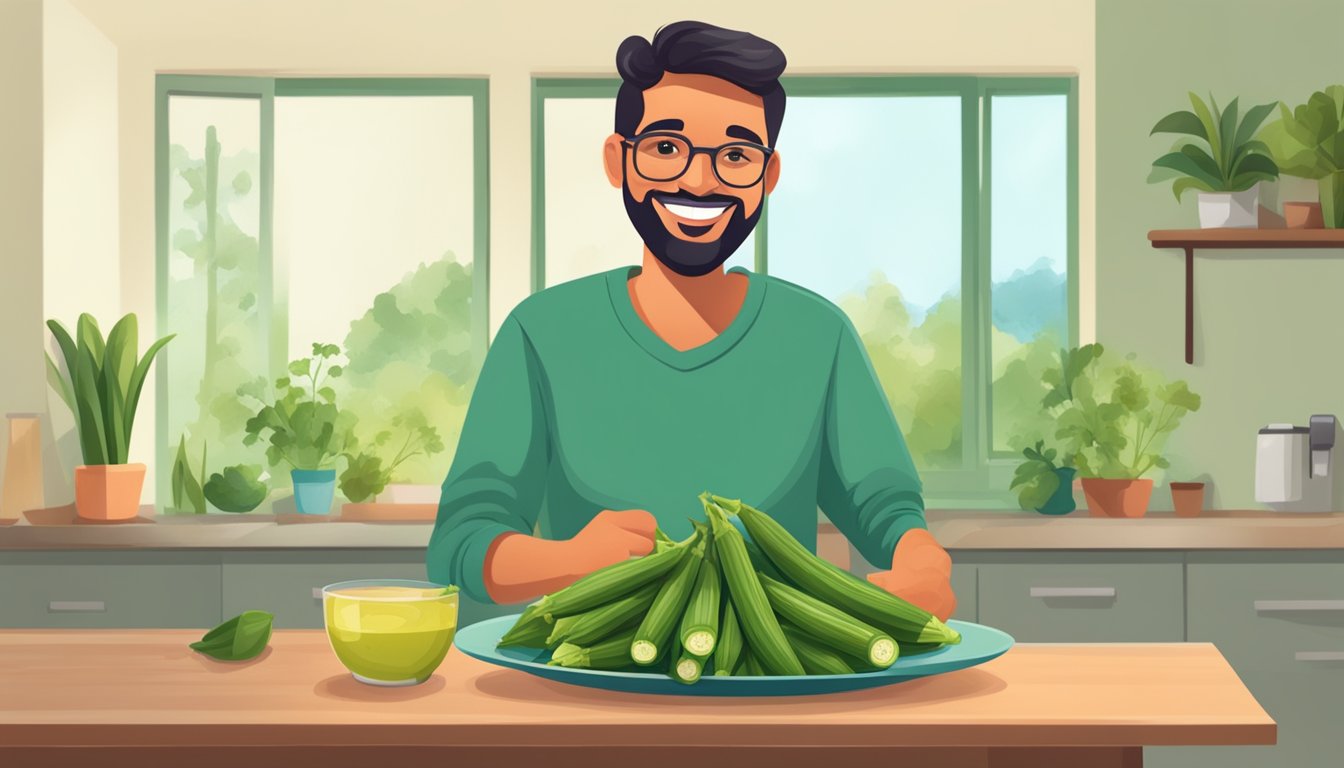 A diabetic person holding a plate of okra and smiling