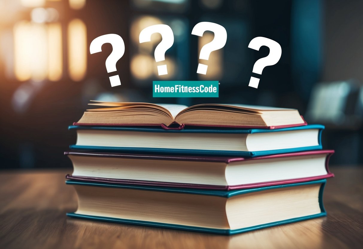 A stack of open books with Homefitnesscode logo surrounded by question marks