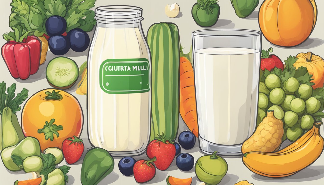 A glass of milk surrounded by various fruits and vegetables, with a nutritional label showing additional nutrients