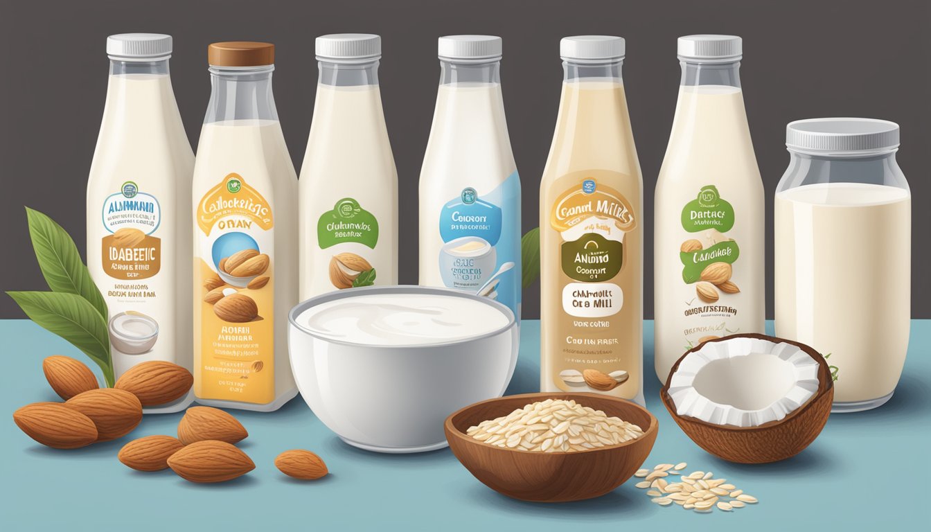 A variety of milk alternatives displayed on a table with a sign asking "Can diabetics have milk?" including almond, soy, oat, and coconut milk