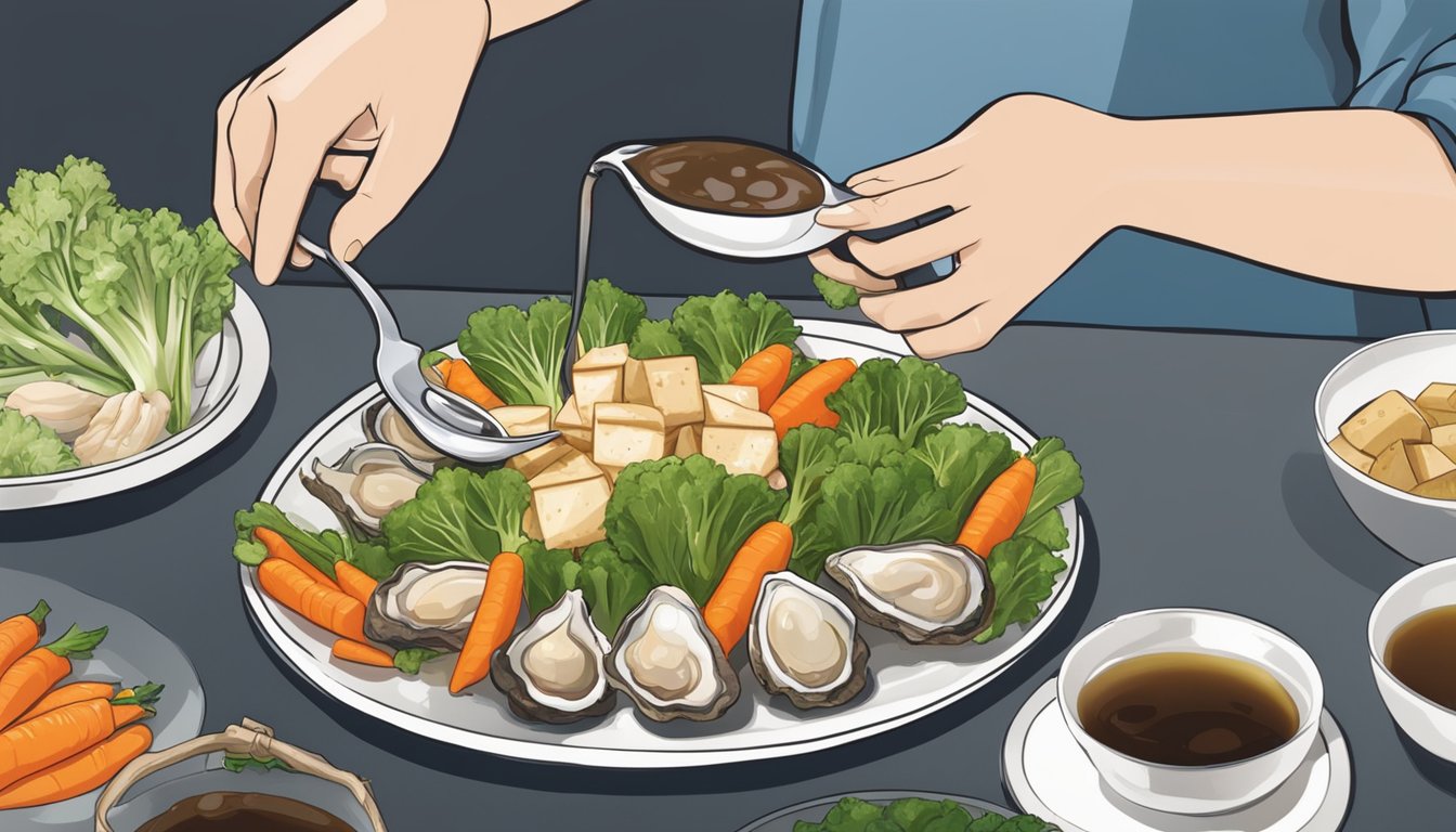 A person with diabetes pouring oyster sauce onto a plate of vegetables and tofu