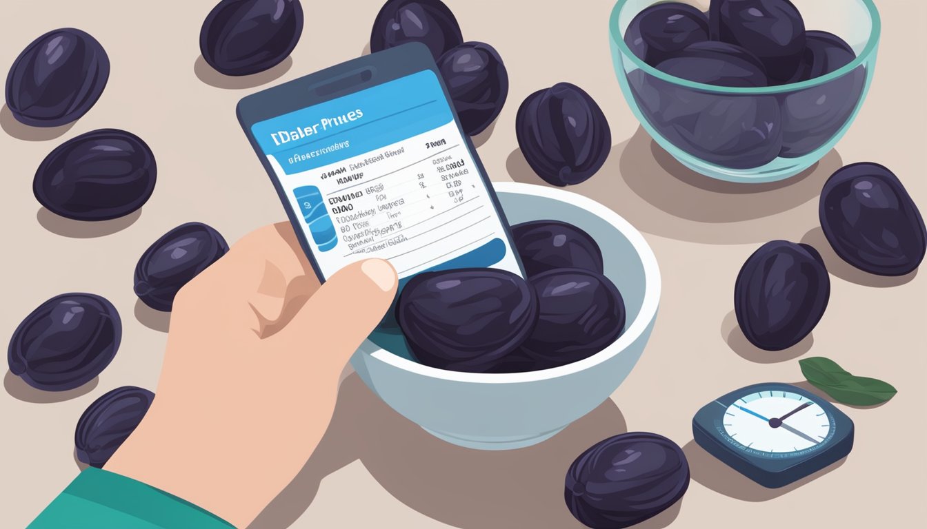 A bowl of prunes with a nutrition label and a person with a diabetes monitoring device