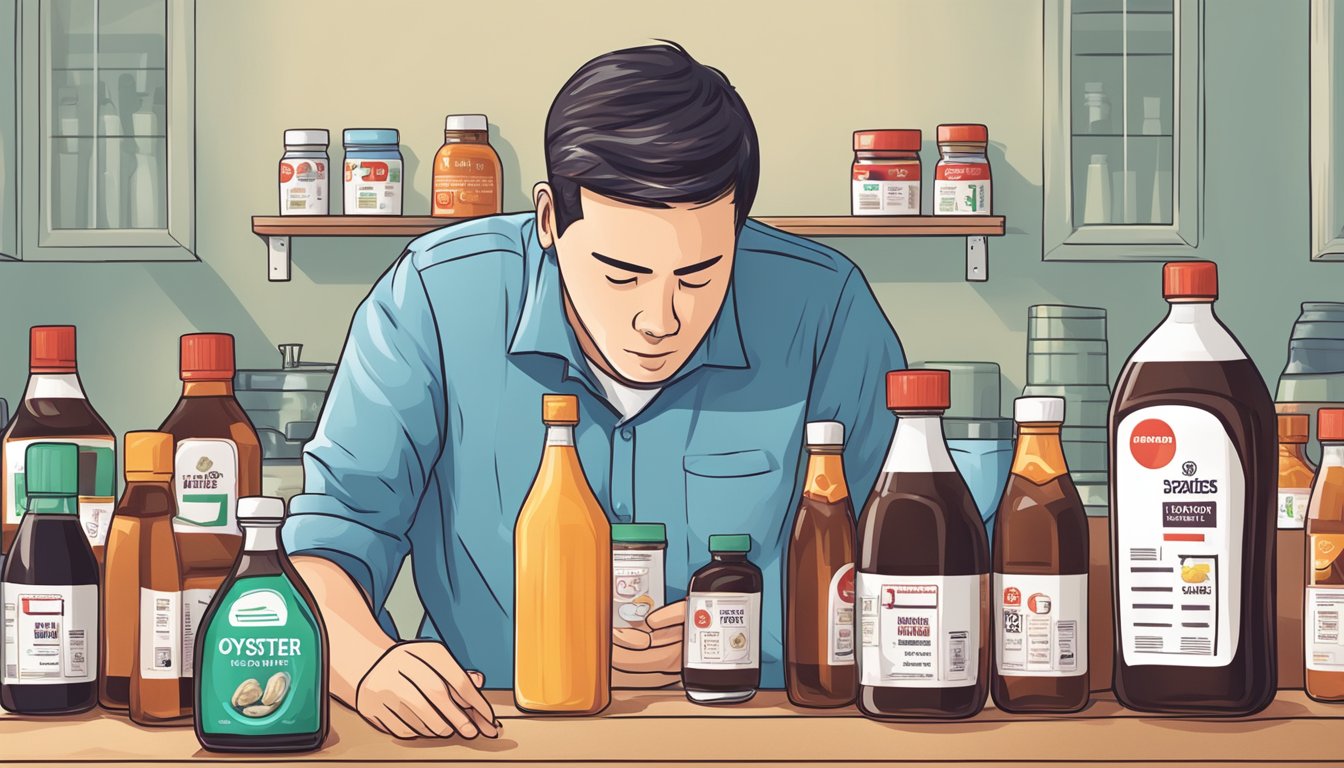 A diabetic person reading a label on a bottle of oyster sauce with a question mark above their head