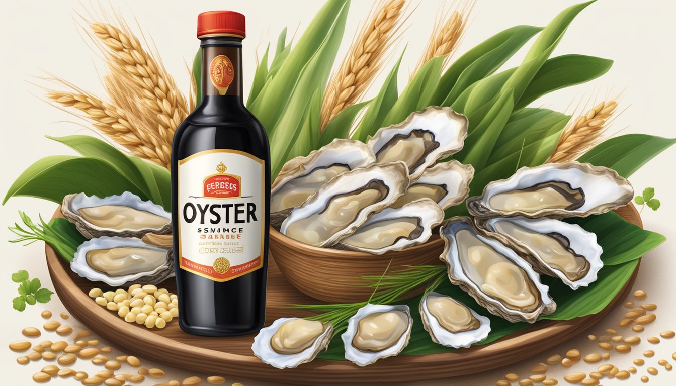 A bottle of oyster sauce surrounded by fresh oysters, soybeans, wheat, and sugar cane