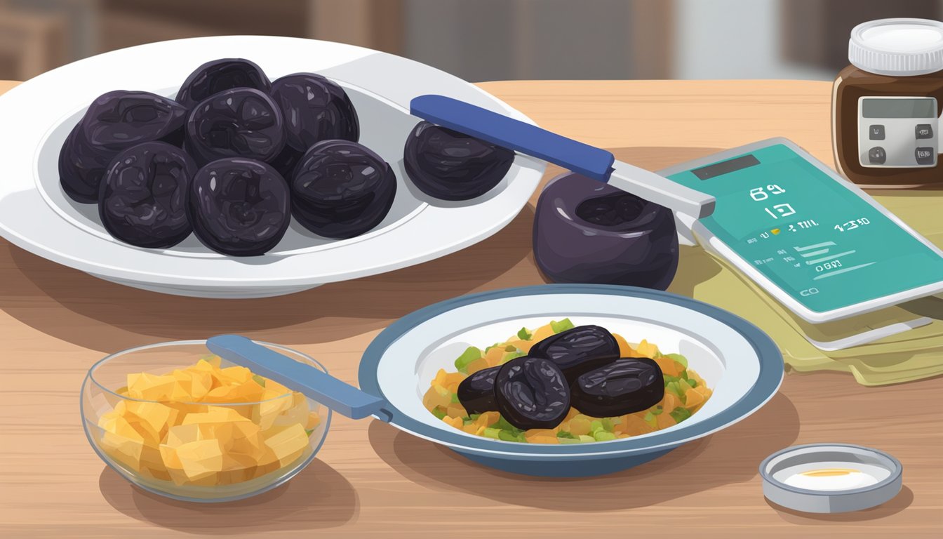 A bowl of prunes sits next to a plate of balanced diabetic-friendly meals, with a measuring tape and glucose monitor in the background