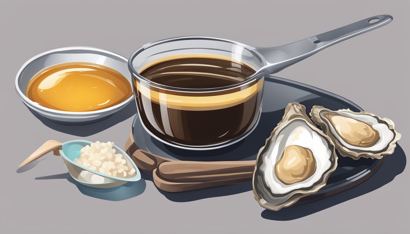 A small dish of oyster sauce next to a measuring spoon and a portion control guide