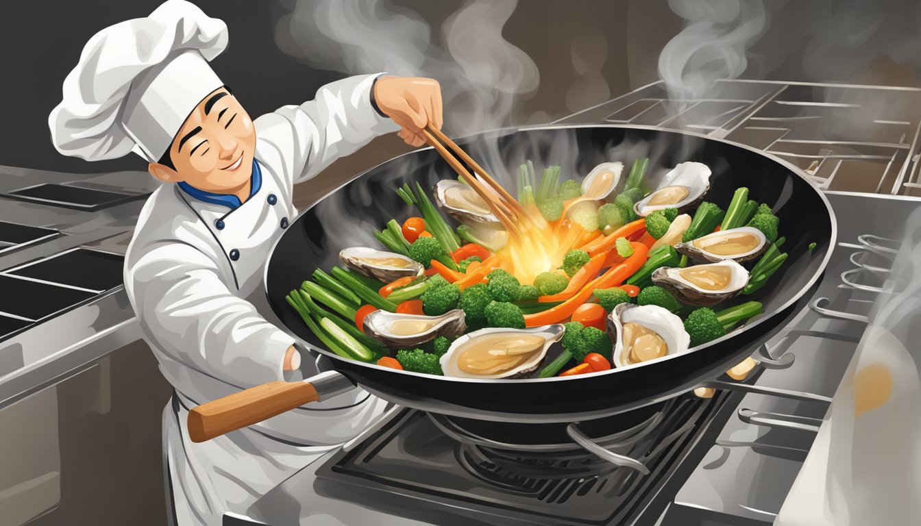 A chef pours oyster sauce into a sizzling wok of stir-fried vegetables, creating a savory aroma