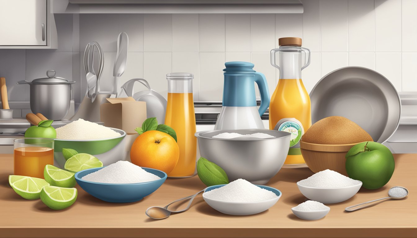 A kitchen counter with various cooking and baking ingredients, including a bag of monk fruit sweetener, a mixing bowl, and measuring spoons