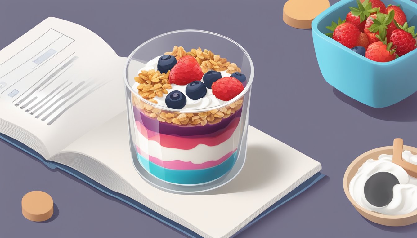 A colorful parfait with layers of yogurt, fresh berries, and granola sits on a table next to a diabetes education booklet