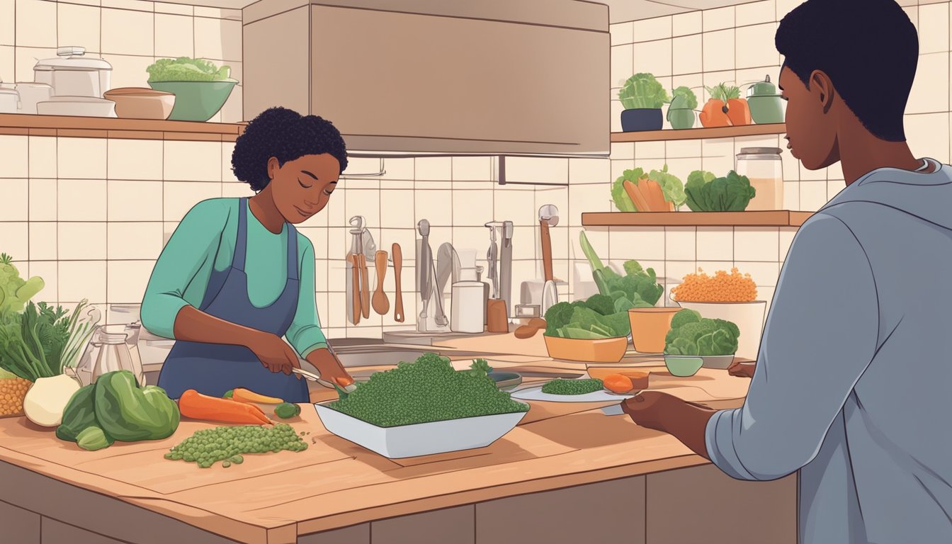 A person with diabetes preparing a meal with quinoa and various fresh vegetables on a clean, organized kitchen counter