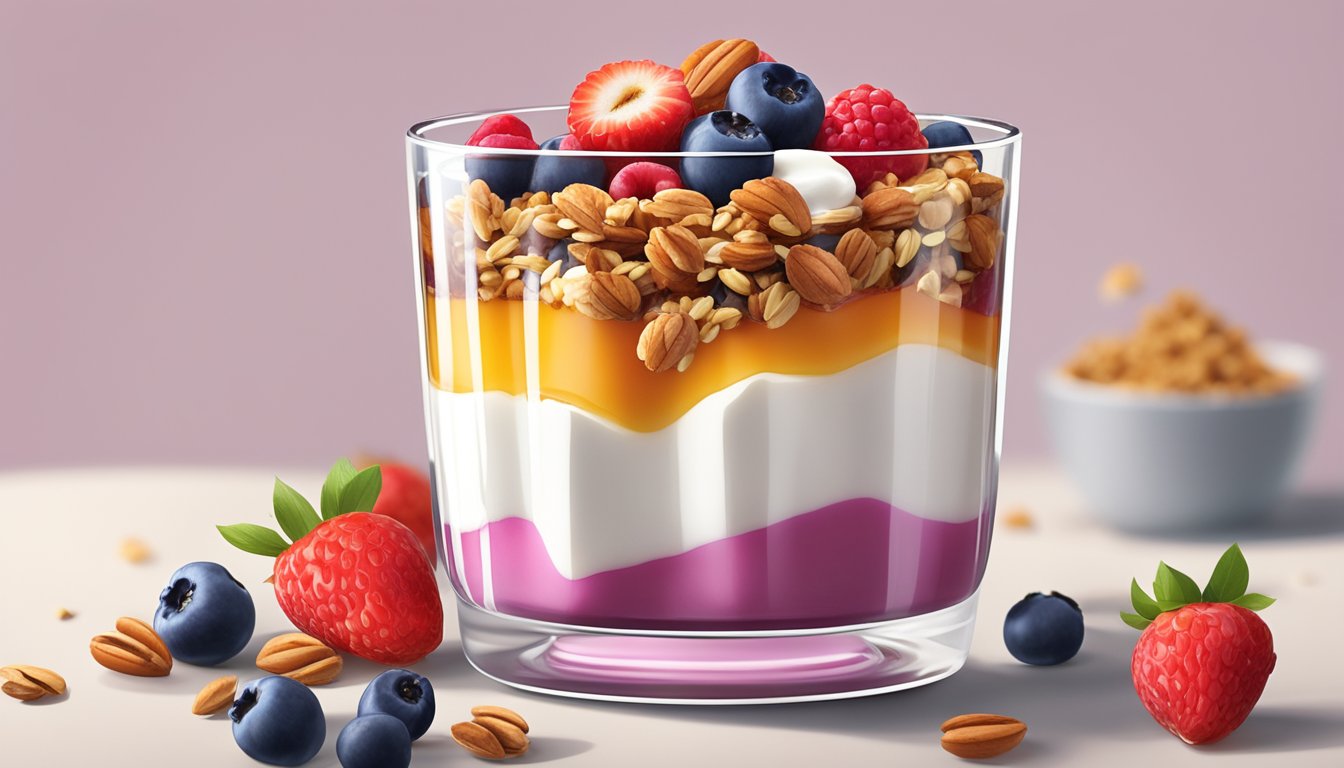 A glass parfait dish filled with layers of fresh berries, low-sugar yogurt, and granola, topped with a sprinkle of nuts and a drizzle of honey