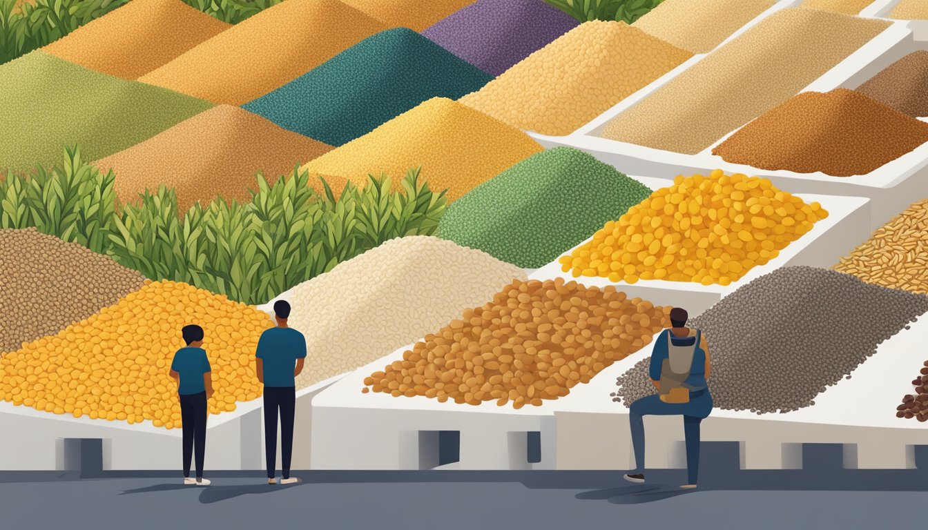 A colorful array of quinoa, rice, oats, and barley in separate piles, with a diabetic person looking at them thoughtfully