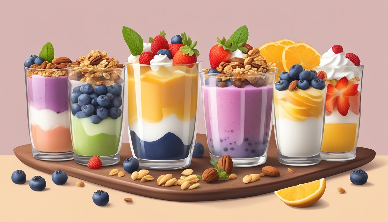 A colorful parfait with layers of yogurt, fresh fruit, granola, and nuts, with a selection of sugar-free and low-carb options displayed alongside for customization