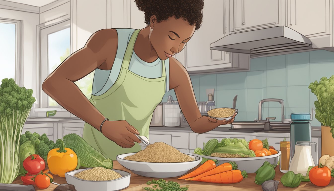 A person with diabetes carefully measuring and preparing a meal with quinoa, various vegetables, and a protein source on a kitchen counter