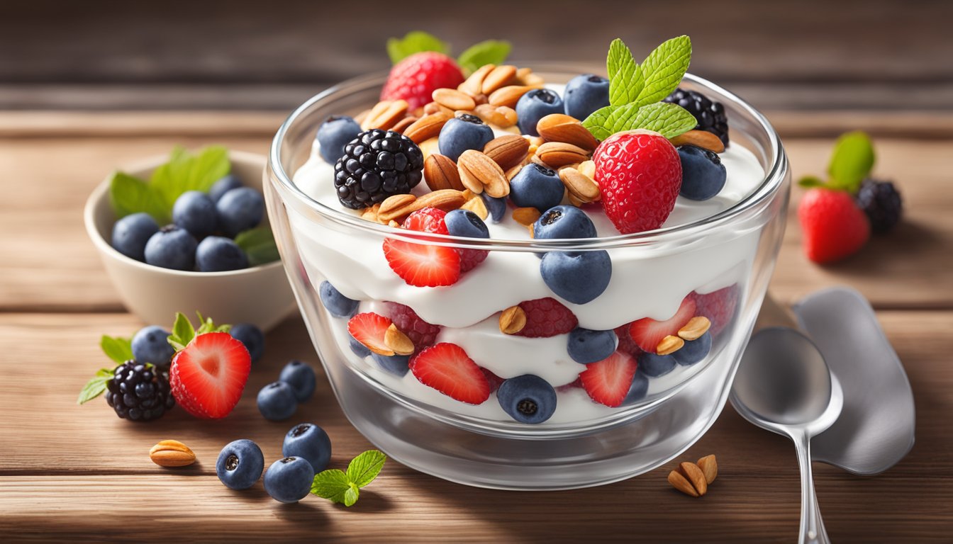 A diabestics-friendly parfait with sugar-free yogurt, fresh berries, and a sprinkle of nuts, served in a clear glass dish on a rustic wooden table