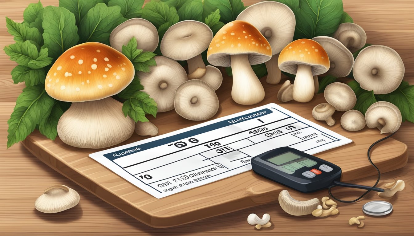 A variety of common mushrooms arranged on a wooden cutting board, with a nutrition label and a glucometer nearby