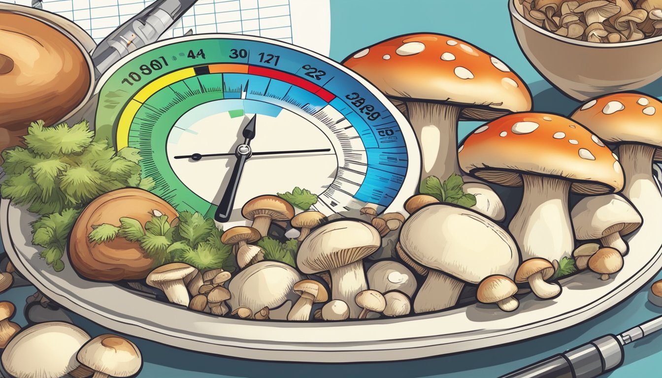 A plate of assorted mushrooms next to a glucometer and a chart showing blood sugar levels