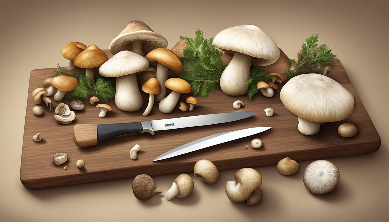 A variety of mushrooms arranged on a cutting board with a knife, indicating suitability for diabetic diets