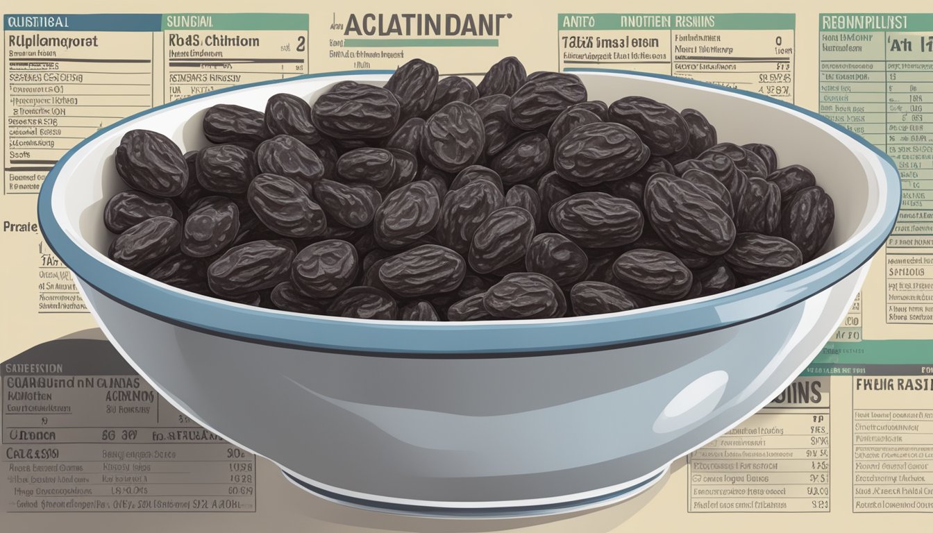 A bowl of raisins surrounded by nutritional information labels