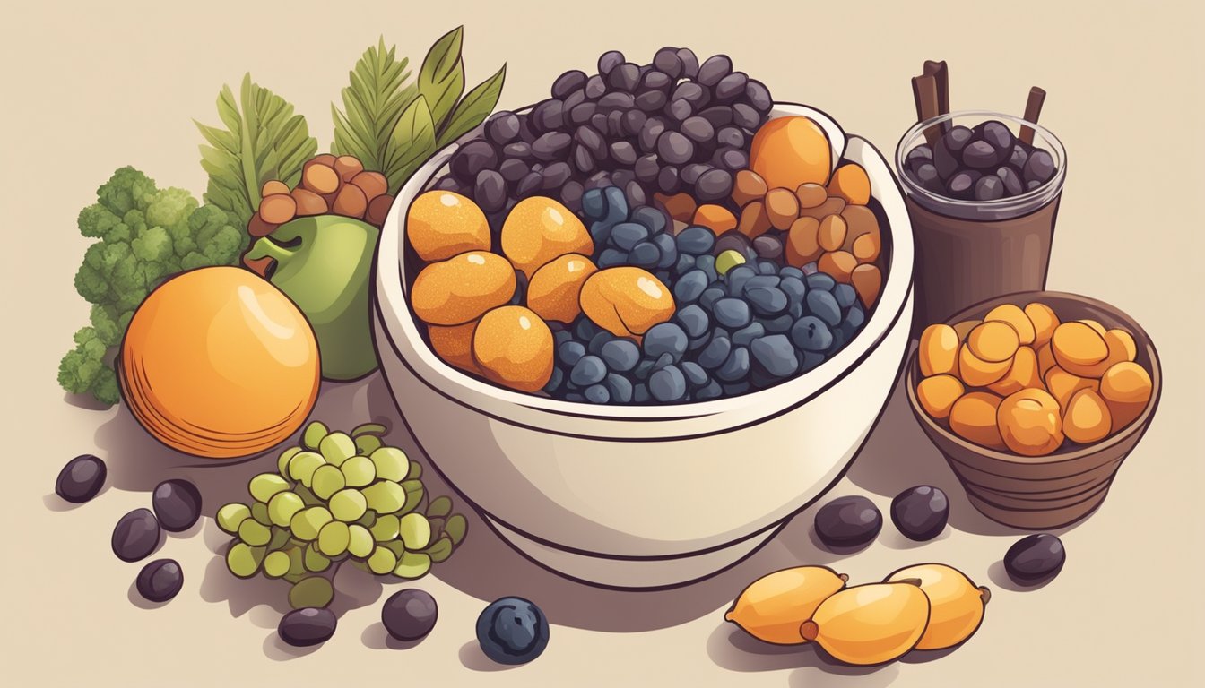 A diabetic person holding a bowl of raisins while surrounded by various alternative food choices such as fruits, vegetables, and whole grains