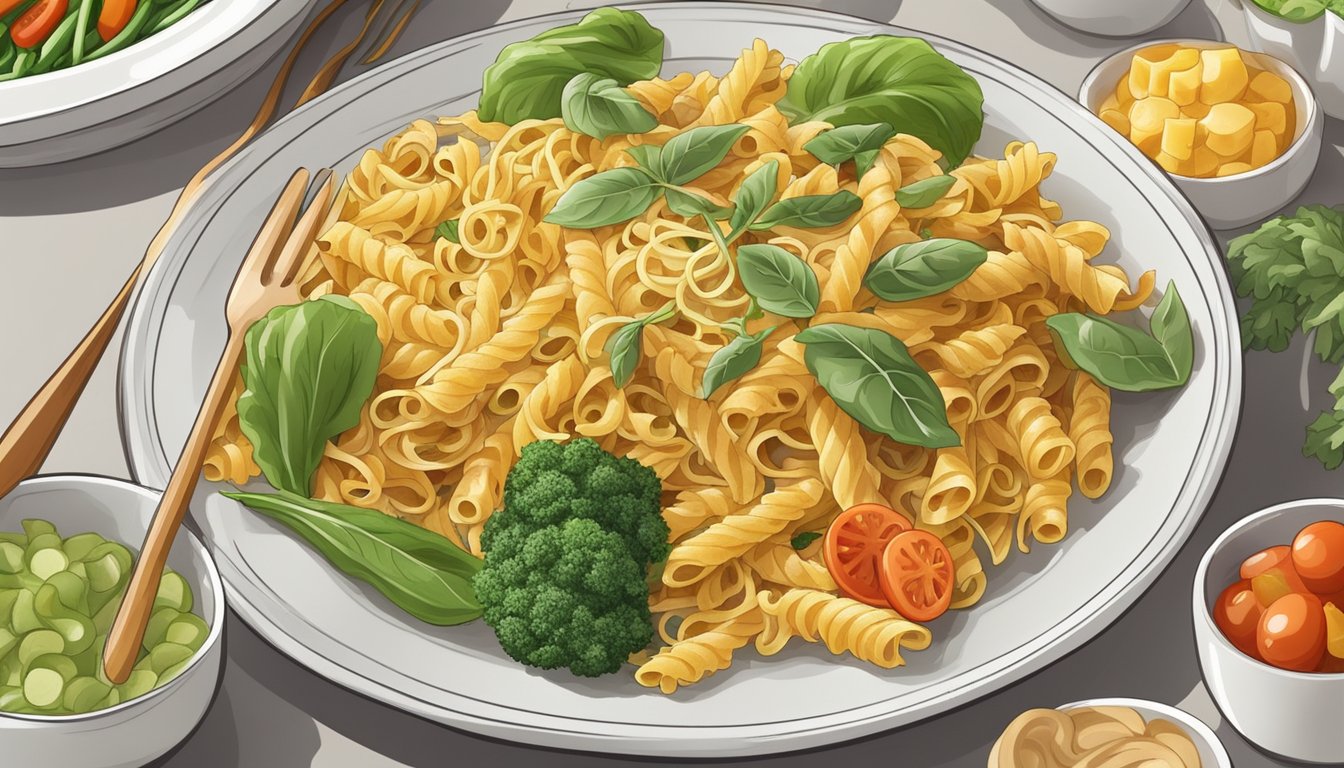 A plate of pasta with a variety of vegetable and protein sides, with a focus on the carbohydrates present in the meal