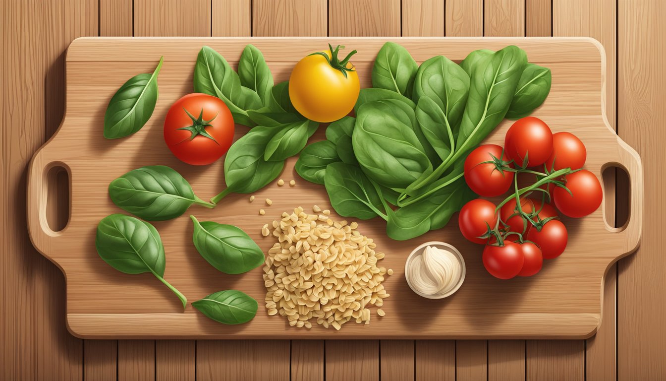 A colorful array of nutrient-dense ingredients such as spinach, tomatoes, and whole grain pasta arranged on a wooden cutting board