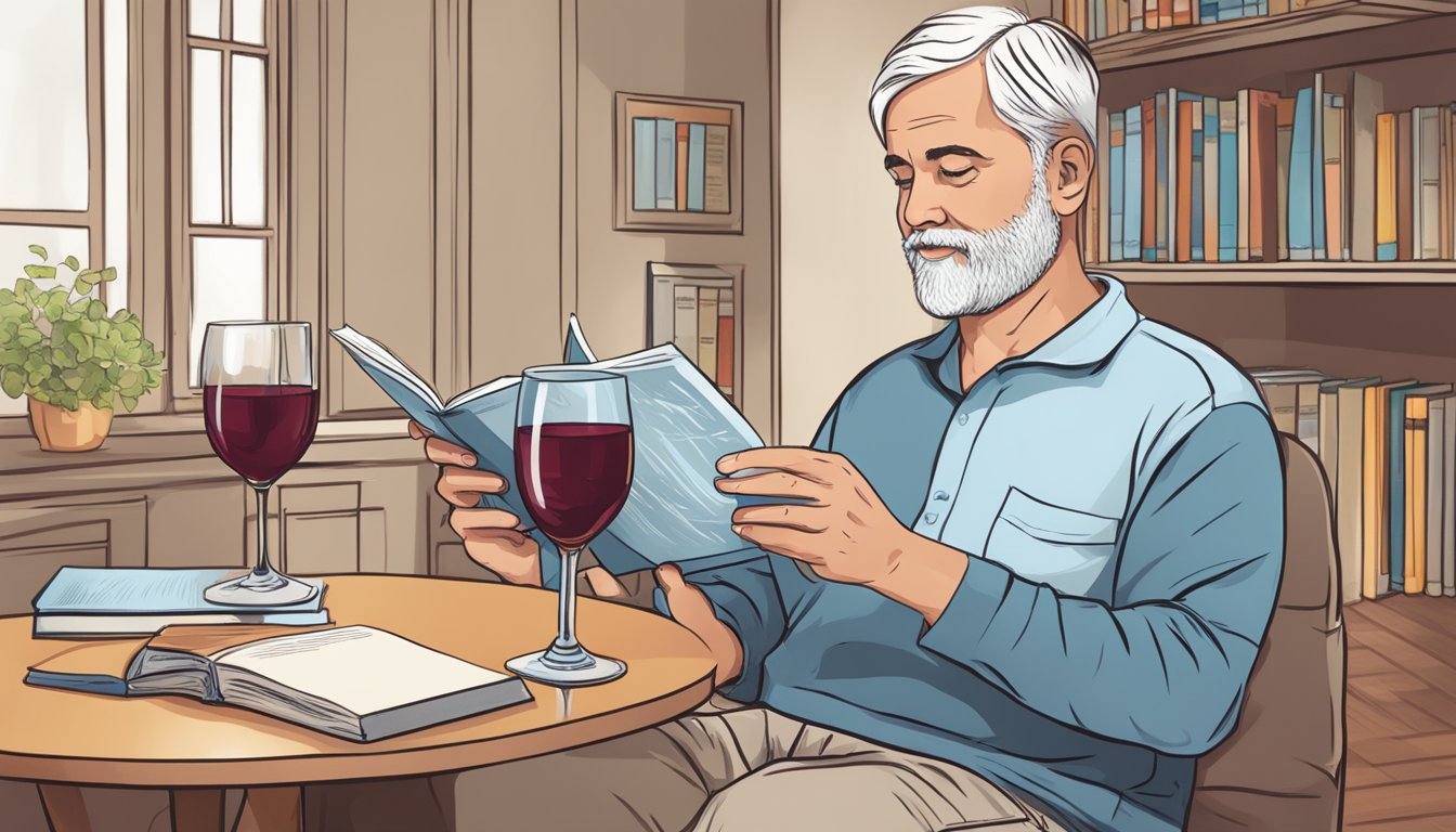 A person with diabetes holding a glass of non-alcoholic wine while reading a diabetes education book