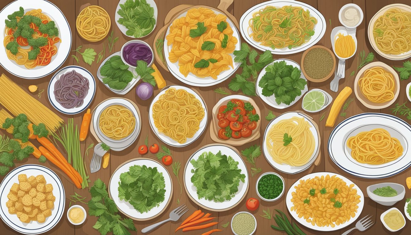 A table set with a variety of pasta dishes, including whole grain and vegetable-based options, alongside fresh herbs and colorful vegetables