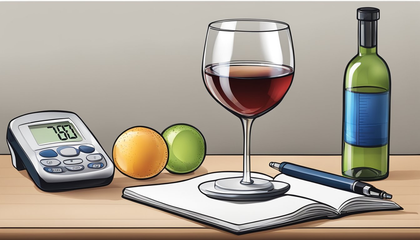 A glass of non-alcoholic wine next to a blood glucose monitor and insulin pen