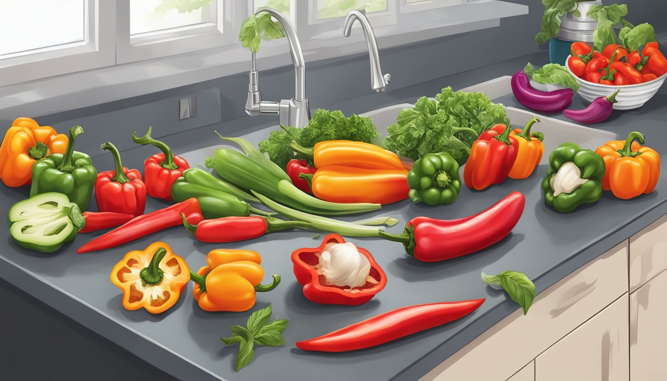 A colorful array of fresh red peppers and other vibrant vegetables spread out on a kitchen counter